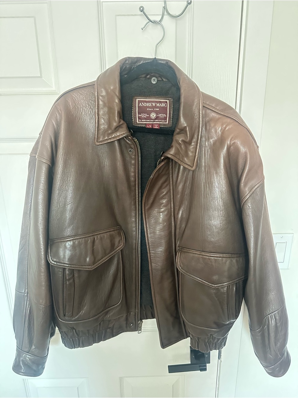 Andrew Marc Brown Leather Bomber Jacket with Flap Pockets